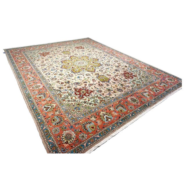 Persian Antique Persian Tabriz Wool 10x12 Red, Green, & Ivory Handmade Area Rug #1143880 For Sale - Image 3 of 8