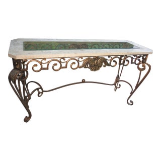 Vintage French Ornate Iron With Marble and Glass Top Console Table For Sale