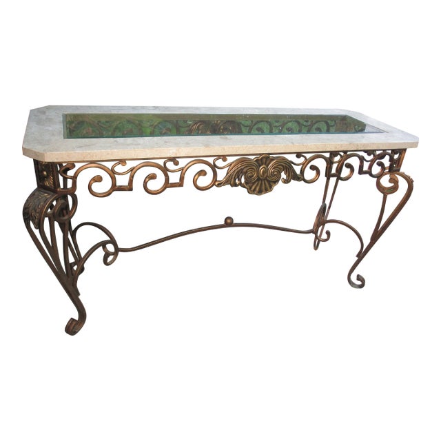Vintage French Ornate Iron With Marble and Glass Top Console Table For Sale