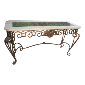 Vintage French Ornate Iron With Marble and Glass Top Console Table