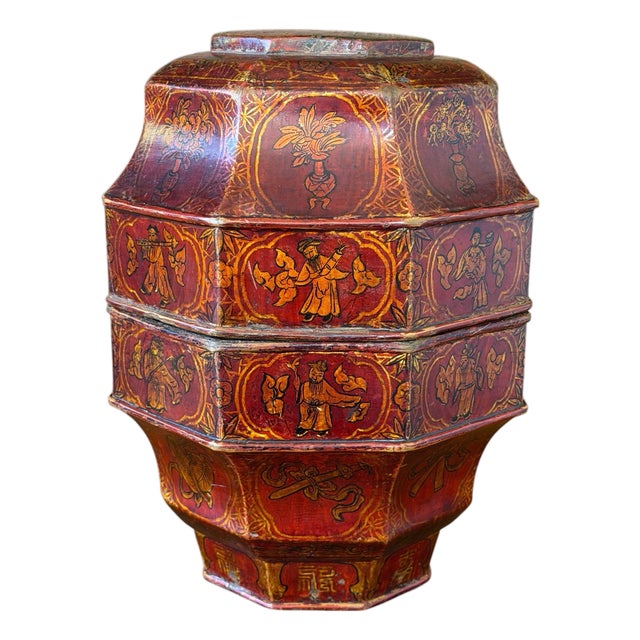 Antique Chinese Red and Gold Lacquer Octagonal Tiered Wedding Box For Sale