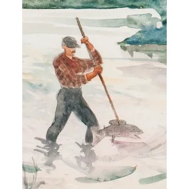 Classic watercolor signed BMK (LR) by B.M. Kremitske depicting an angler gaffing a fish on the Susquehanna River! Art: 5...