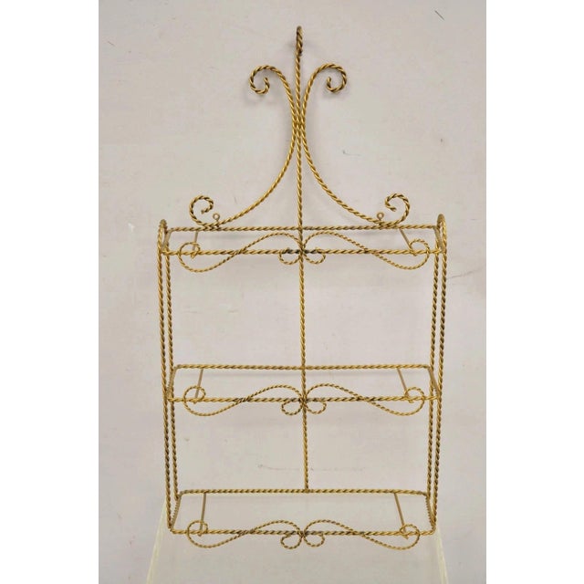 Vintage Gold Gilt Metal Hollywood Regency Scrolling Iron 3 Tier Small Wall Shelf For Sale - Image 10 of 10
