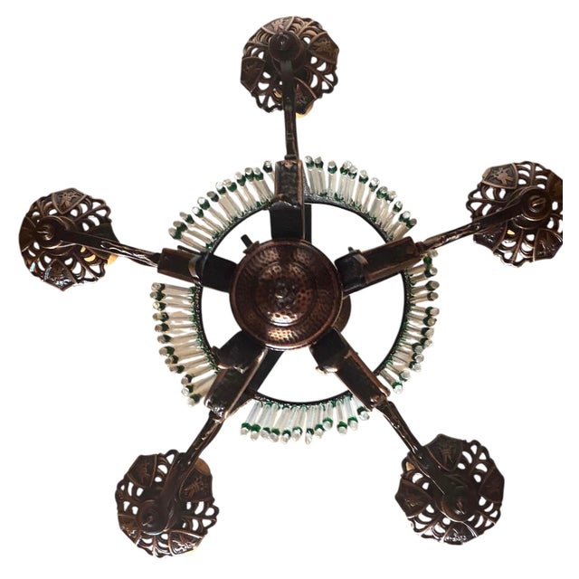 1920s Chandelier With Original Bronze Patina and Glass Beads For Sale - Image 4 of 10