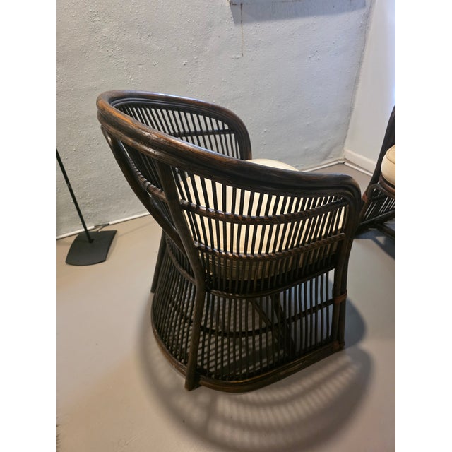 Pair of Rattan and Bamboo Barrel Back Armchairs With Cream Cushions For Sale - Image 9 of 11