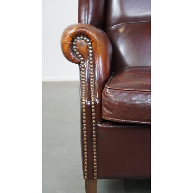 English Dark Leather Wing Chair For Sale - Image 10 of 13
