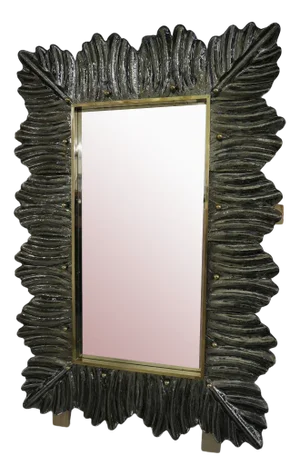 Mid-Century Murano Amber Fume Color Glass and Brass Wall Mirror