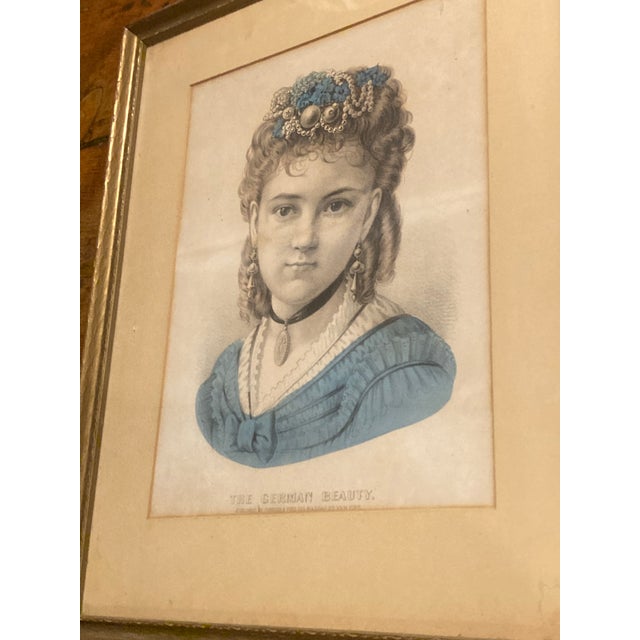 American Americana Currier and Ives the German Beauty. Hand Colored Lithograph. 1850-1870 For Sale - Image 3 of 12