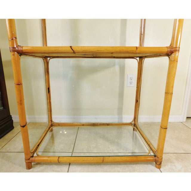 1980s Large Vintage Bamboo & Encased Glass 4 Tier Etagere Book Shelf Rack Curio Display Case For Sale - Image 5 of 12