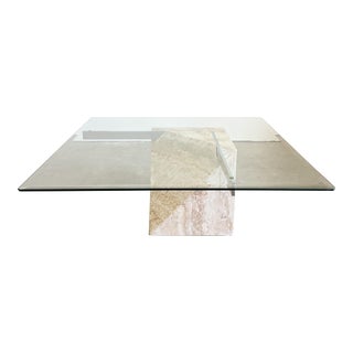 1980s Postmodern Vintage Artedi Travertine and Glass With Chrome Bar Square Coffee Table For Sale
