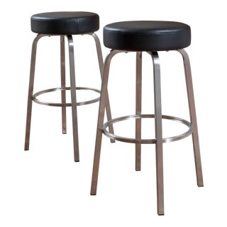 Jeffrey Black Leather Barstool - A Pair For Sale