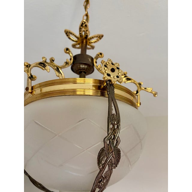 1960s French Brass & Etched Glass Bowl Pendant Light - Restored For Sale - Image 14 of 18