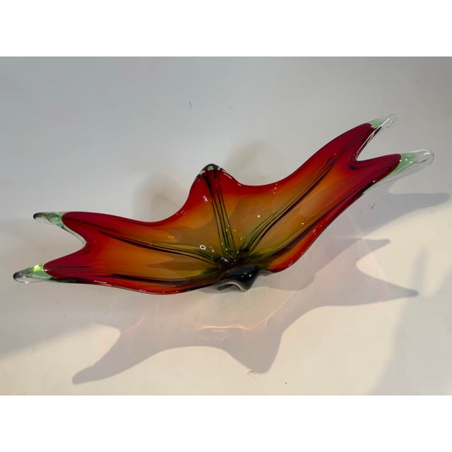 Mid 20th Century Large Vintage Murano-Style Red, Orange & Green Sculptural Art Glass Bowl For Sale - Image 5 of 6
