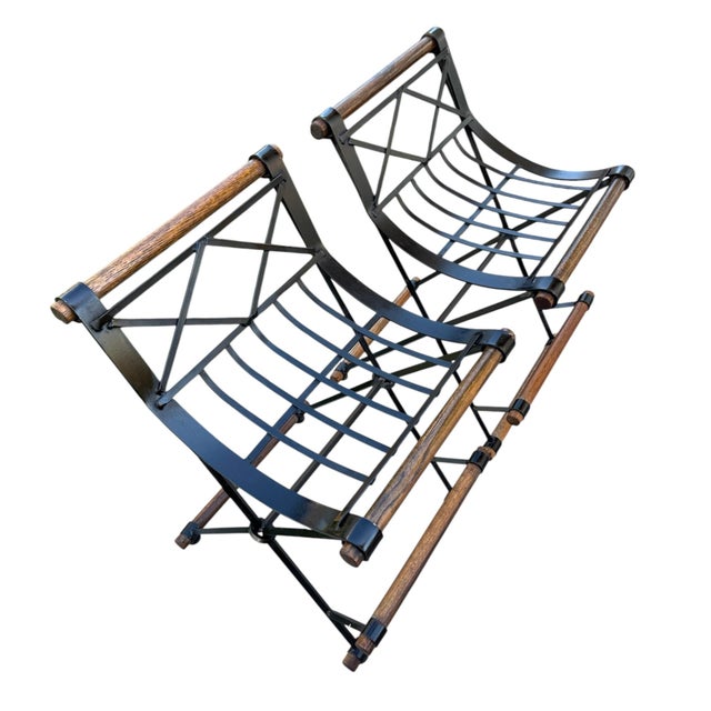 Mid-Century Modern Mid 20th Century Pair of Campaign "X" Wrought Iron and Oak Bar Stools After Cleo Baldon by Continental Metal Furniture Co For Sale - Image 3 of 13