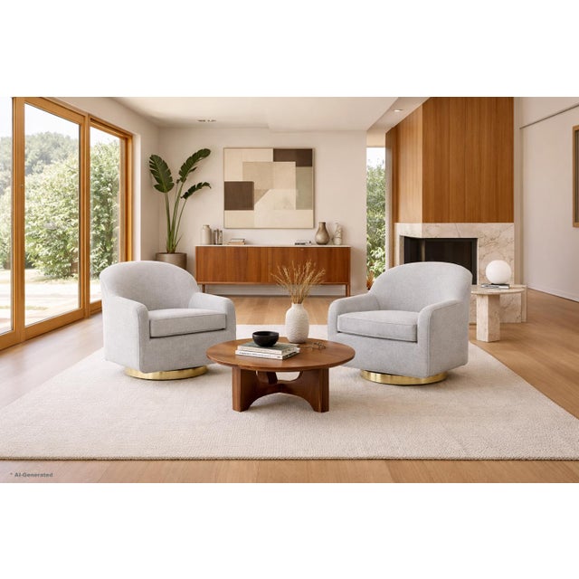 Experience the timeless allure of mid-century design with this striking pair of vintage brass swivel lounge chairs,...
