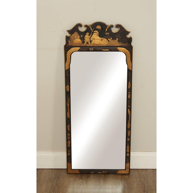 High Quality American Made Carved and Ebonized Wood Frame Mirror with Gold Painted Chinoiserie Decoration