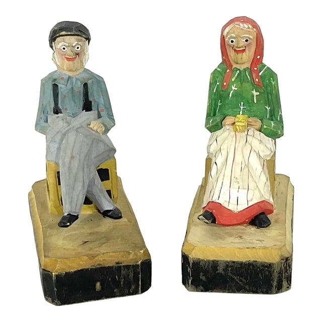 Vintage French Canadian Folk Art Carved and Painted Wood Couple- Set of 2 For Sale