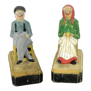 Vintage French Canadian Folk Art Carved and Painted Wood Couple- Set of 2