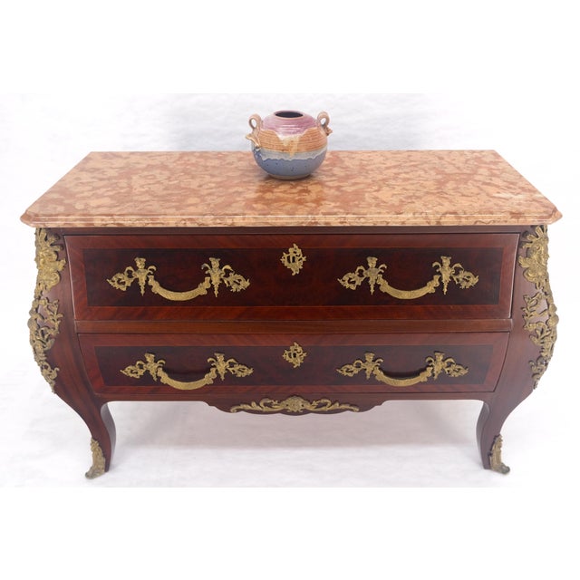 Louis XV Bombe Style Bronze Mounted Mahogany Rouge Marble Top Commode Dresser For Sale - Image 12 of 17