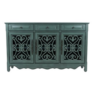 Vintage Style Teal 3-Door Scrollwork Accent Credenza & Sideboard For Sale