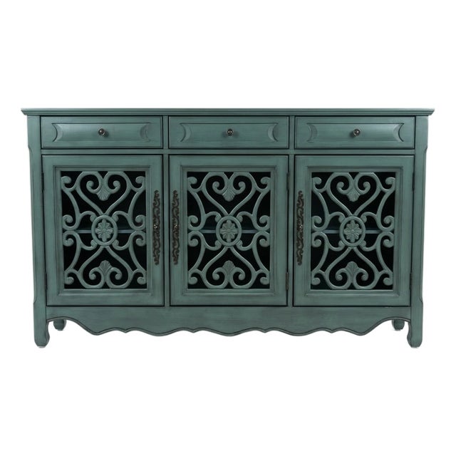 Vintage Style Teal 3-Door Scrollwork Accent Credenza & Sideboard For Sale