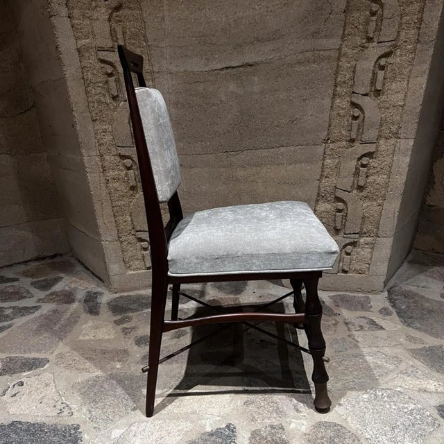 AMBIANIC presents 1950s Frank Kyle Set of Six Gray Dining Chairs Sculptural Mexican Mahogany and Brass custom made Mexico...