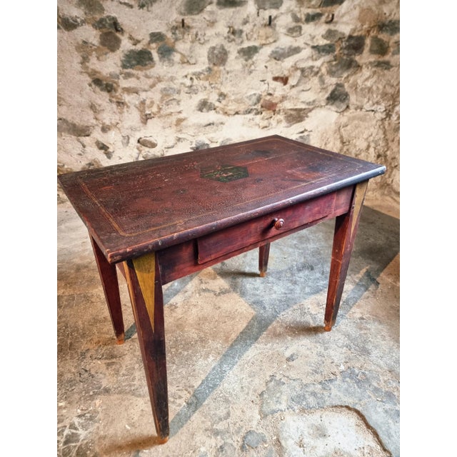 Antique French Folk Art Pine Writing Table with Drawer, 1916 For Sale - Image 13 of 13