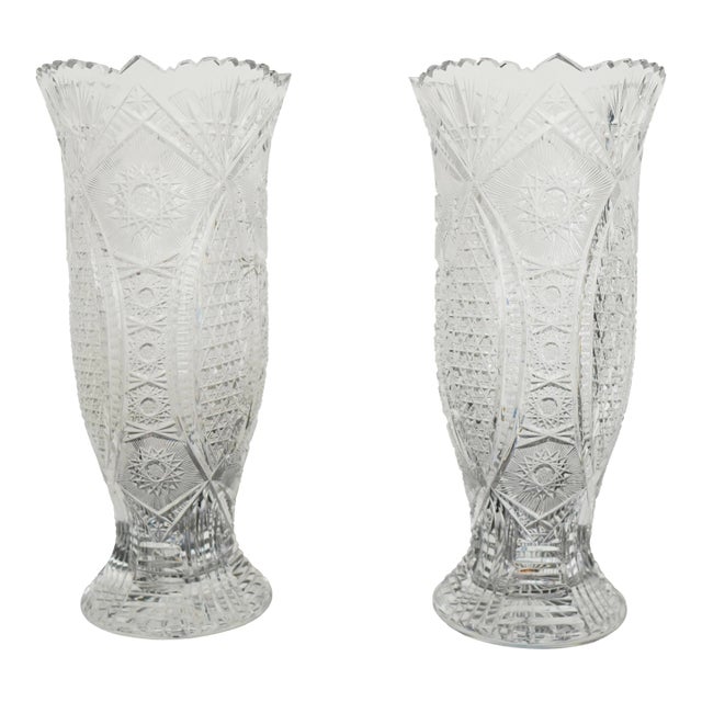 Antique American Brilliant Period Cut Crystal Pedestal Vases (Set of 2) For Sale