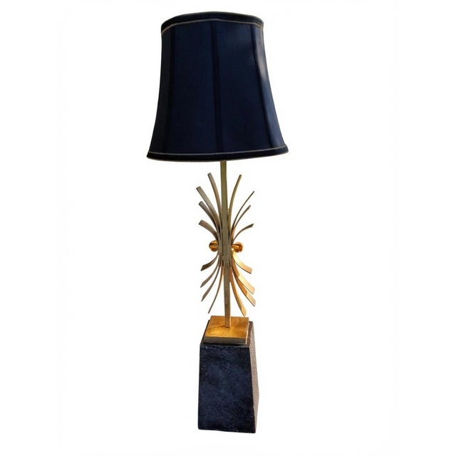 Mid-Century Modern Abstract Gold Starburst Table Lamp With Stone Base & Black Shade | Hollywood Regency For Sale - Image 4 of 9