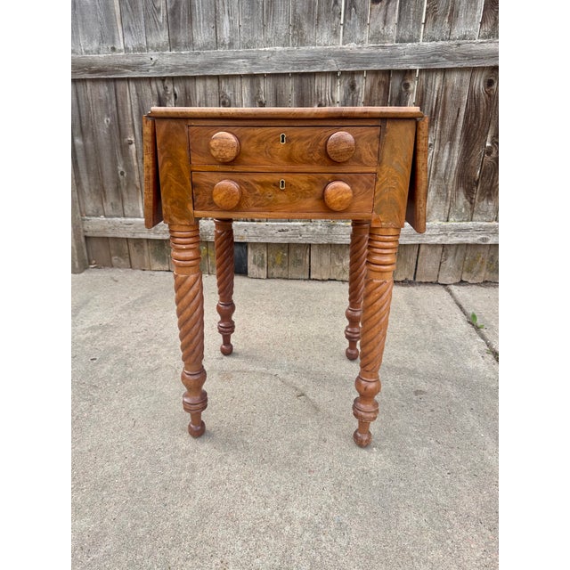 Victorian Antique Flame Mahogany Drop-Leaf Work Table With Rope Twist Legs, C. 1840-1860 For Sale - Image 3 of 11