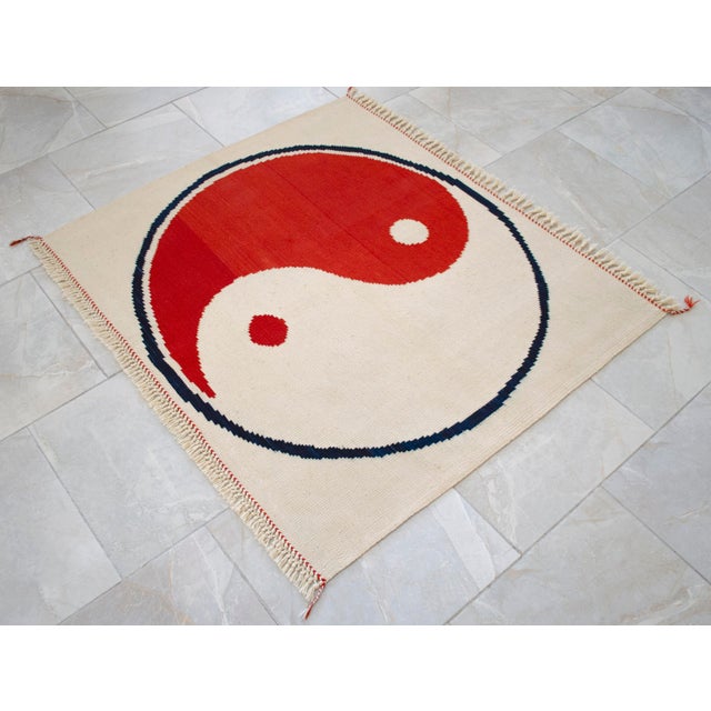 Modern Turkish Kilim, Unique Yin Yang Design Rug, Zen Home Decor - 3'9" X 3'3" For Sale - Image 6 of 15