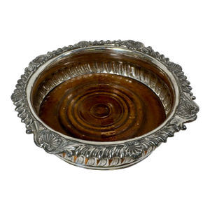 Vintage Silver Plate & Copper Wine Coaster With Wooden Base Decorated With Delicate Scallop Shells From England - Circa 1930