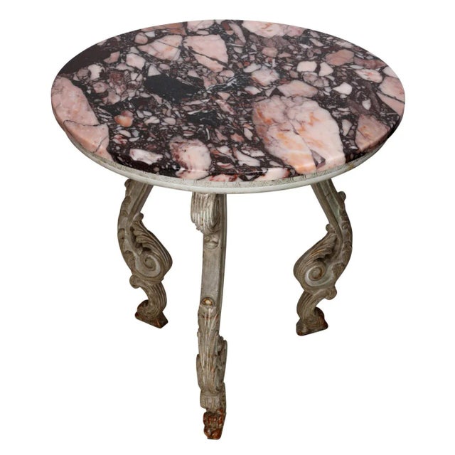 Vintage Marble Top Three Legged Side Table With Wood Base and Serge Roche Inspired Carved Detail For Sale - Image 4 of 4