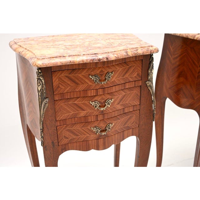 Antique French Inlaid Parquetry Marble Top Bedside Chests, 1900, Set of 2 For Sale - Image 9 of 11