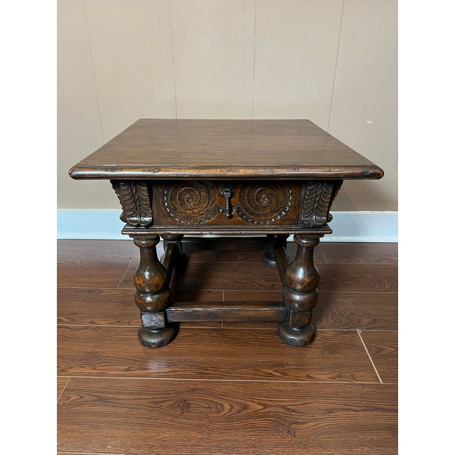 English Antique English Side End Table Small Square Carved Oak Jacobean Revival C1910 For Sale - Image 3 of 18