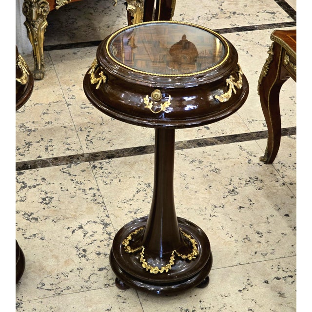 Neoclassical French Neoclassical Side Table – Dark Wood, Glass Top, Gold Leaf & Small Drawer For Sale - Image 3 of 3