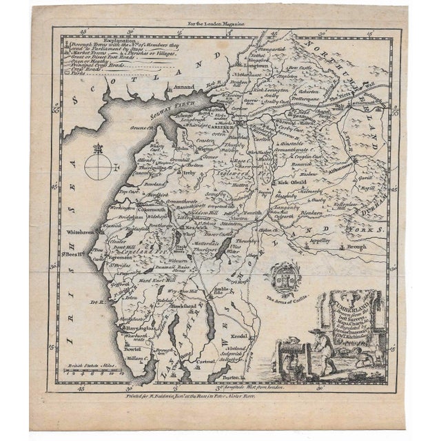 18th century map of Cumberland County in northwest England, Great Britain by Thomas Kitchins (sometimes Kitchens,...