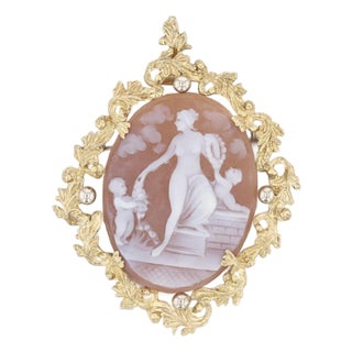 Figural Carved Shell Cameo Pendant Brooch 10k Gold Floral Wreath Woman Children For Sale