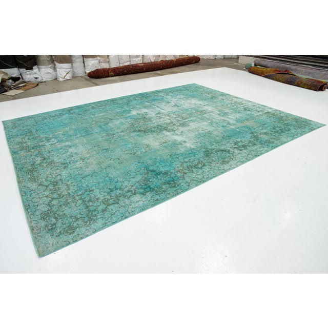 Room Size Antique Overdyed Persian Wool Rug With Medallion Design in Light Green For Sale - Image 4 of 10