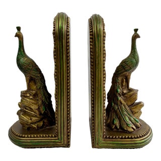 Hollywood Regency Green & Brass-Toned Peacock Bookends - A Pair For Sale