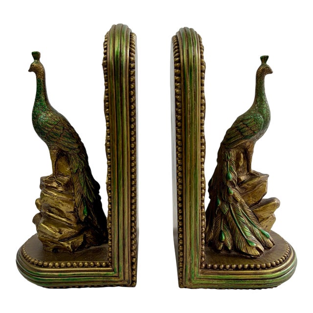 Hollywood Regency Green & Brass-Toned Peacock Bookends - A Pair For Sale