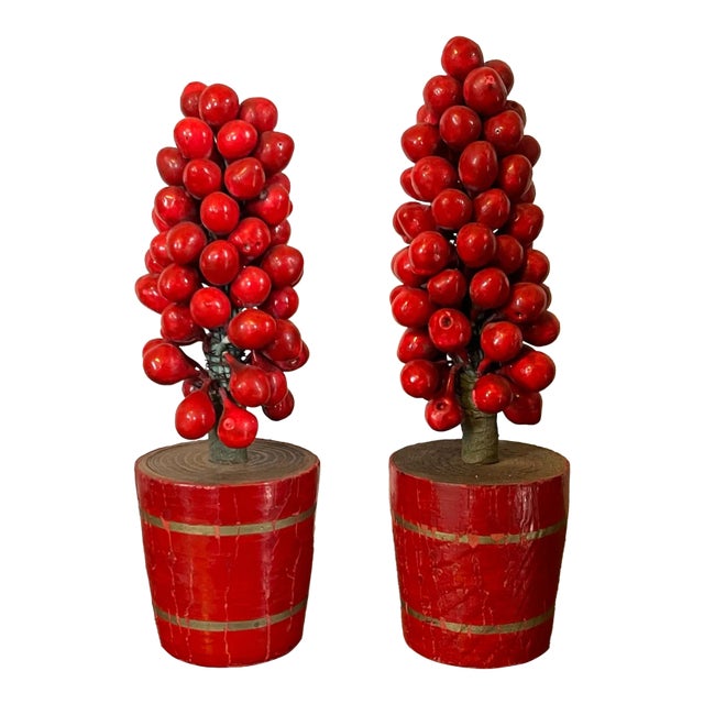 Antique Early 20th Century German Christmas Ornaments Paint Decorated and Carved Wood Red Berry Topiary Trees in Pots - a Pair For Sale