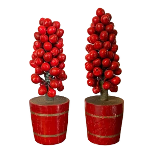 Antique Early 20th Century German Christmas Ornaments Paint Decorated and Carved Wood Red Berry Topiary Trees in Pots - a Pair