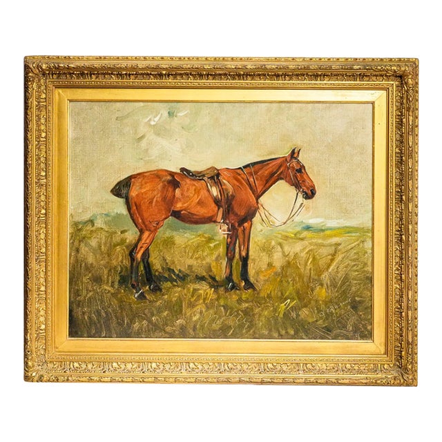 Wonderful Antique Oil Painting of Horse Signed Equestrian Portrait in Gilt Gesso Frame English Country Art For Sale