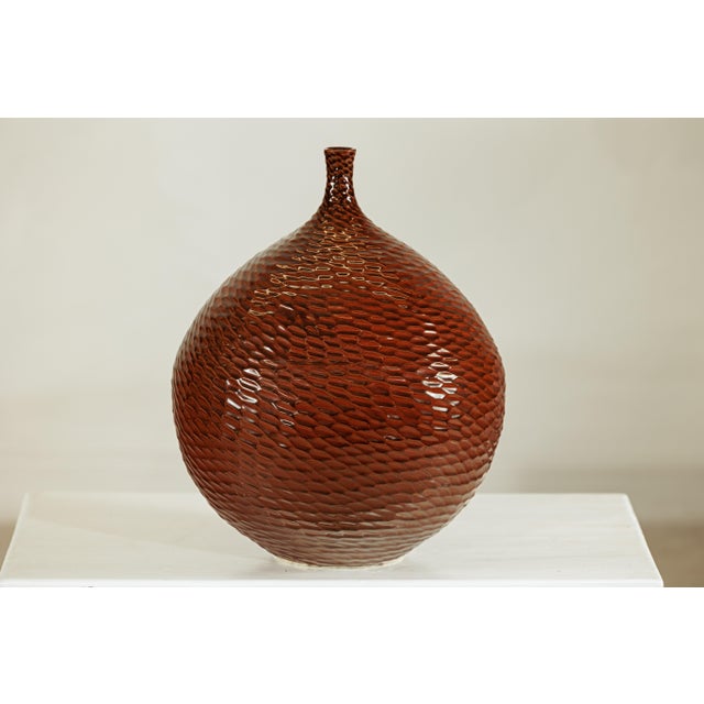 Large Handcrafted Ceramic Vase with Glossy Brown Honeycomb Texture For Sale - Image 12 of 18