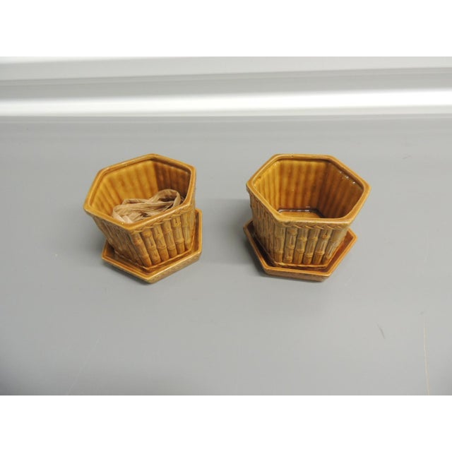 Vintage Petite Clay Yellow Color Planters/Pots - Set 0f 2 with saucers. Faux bamboo pattern. Size: 4" x 4" x 3"H
