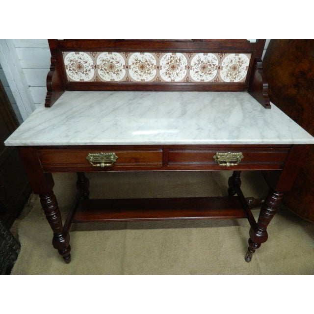 Antique Victorian Mahogany and Marble Wash Stand with Tiled Back Mirror & 2 Drawers For Sale - Image 9 of 18
