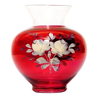 Vintage Cranberry Ruby Art Glass Vase With Hand-Painted White Rose Bouquet For Sale