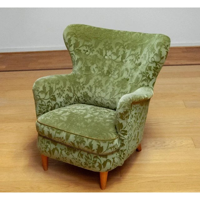 Asko Laila Wingback Chair in Velvet attributed to Ilmari Lappalainen for Asko, 1950s For Sale - Image 4 of 10