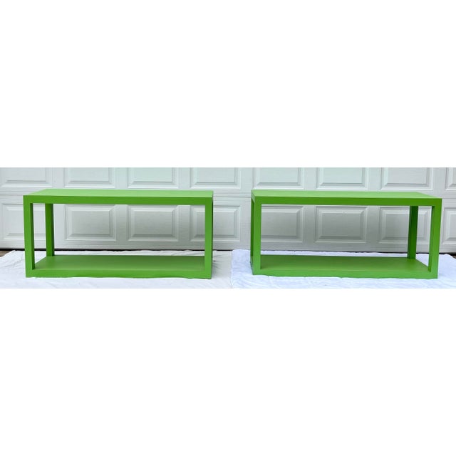 Paper Mid Century Laminate Green Framed Console Tables (A Pair) For Sale - Image 7 of 9
